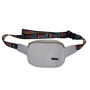 White Rainbow Crossbody Sling, "LOVE" Woven Belt, Adjustable